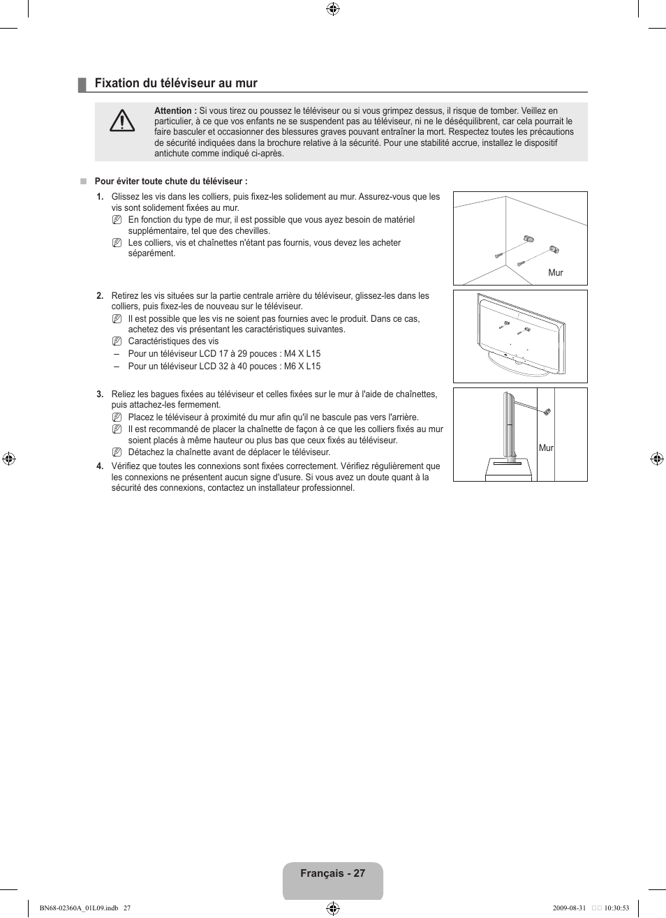 Fixation du téléviseur au mur | Samsung LE32B450C4W User Manual | Page 61 / 300