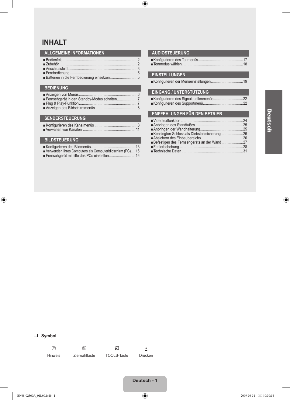 Inhalt, Deutsc h | Samsung LE32B450C4W User Manual | Page 67 / 300