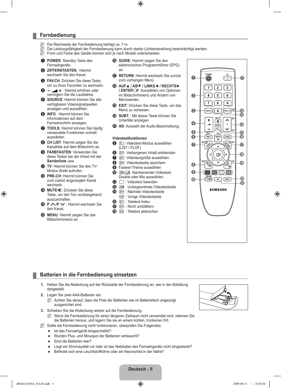 Fernbedienung, Batterien in die fernbedienung einsetzen | Samsung LE32B450C4W User Manual | Page 71 / 300