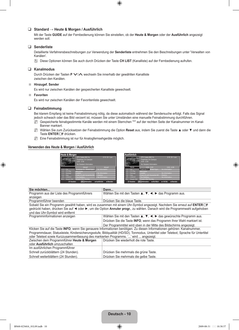 Senderliste, Kanalmodus, Feinabstimmung | Verwenden des heute & morgen / ausführlich | Samsung LE32B450C4W User Manual | Page 76 / 300