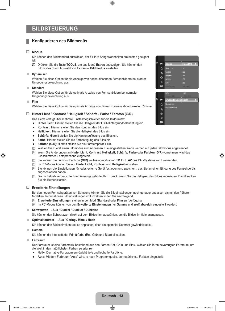 Bildsteuerung, Konfigurieren des bildmenüs | Samsung LE32B450C4W User Manual | Page 79 / 300