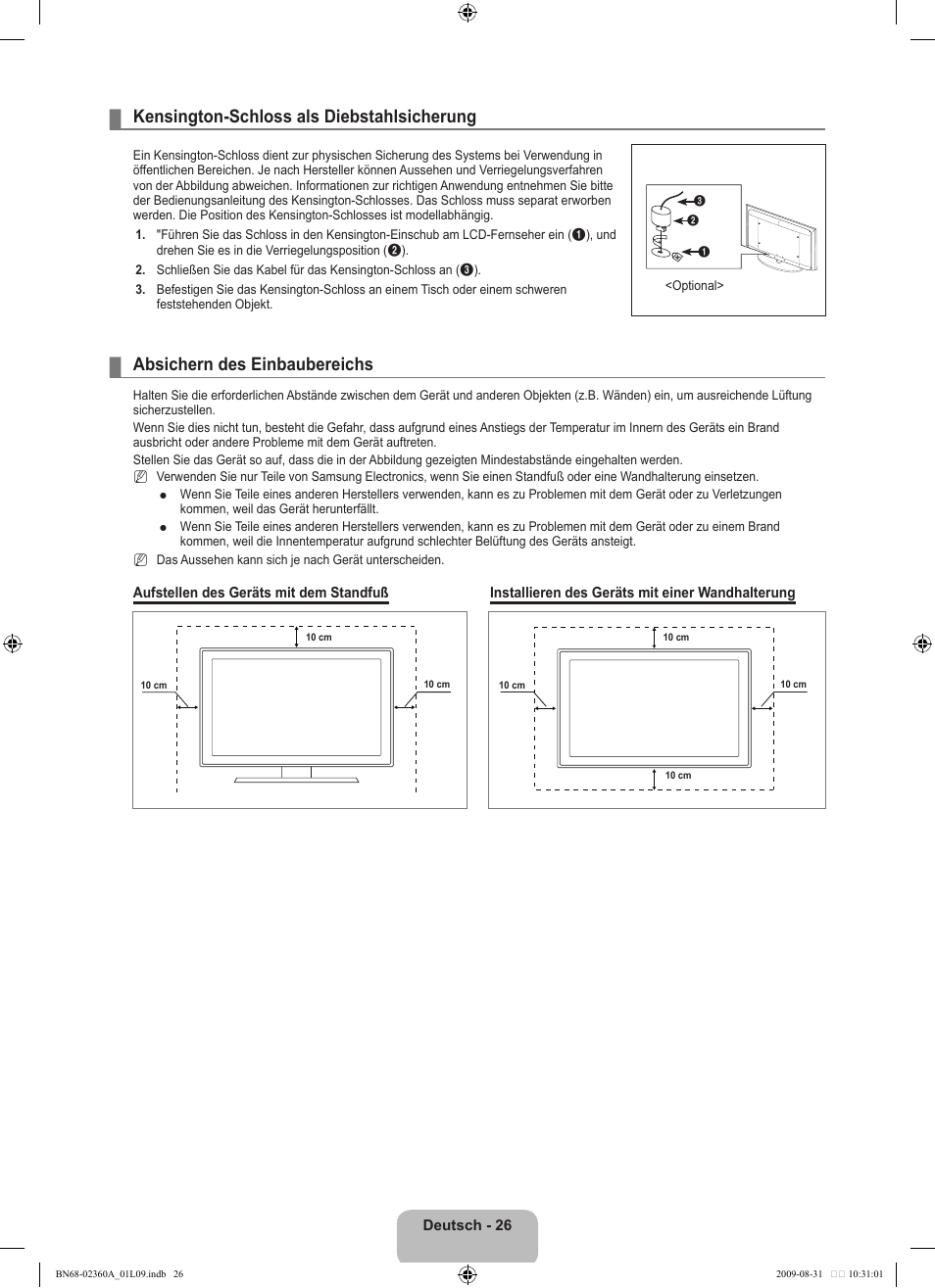 Kensington-schloss als diebstahlsicherung, Absichern des einbaubereichs | Samsung LE32B450C4W User Manual | Page 92 / 300