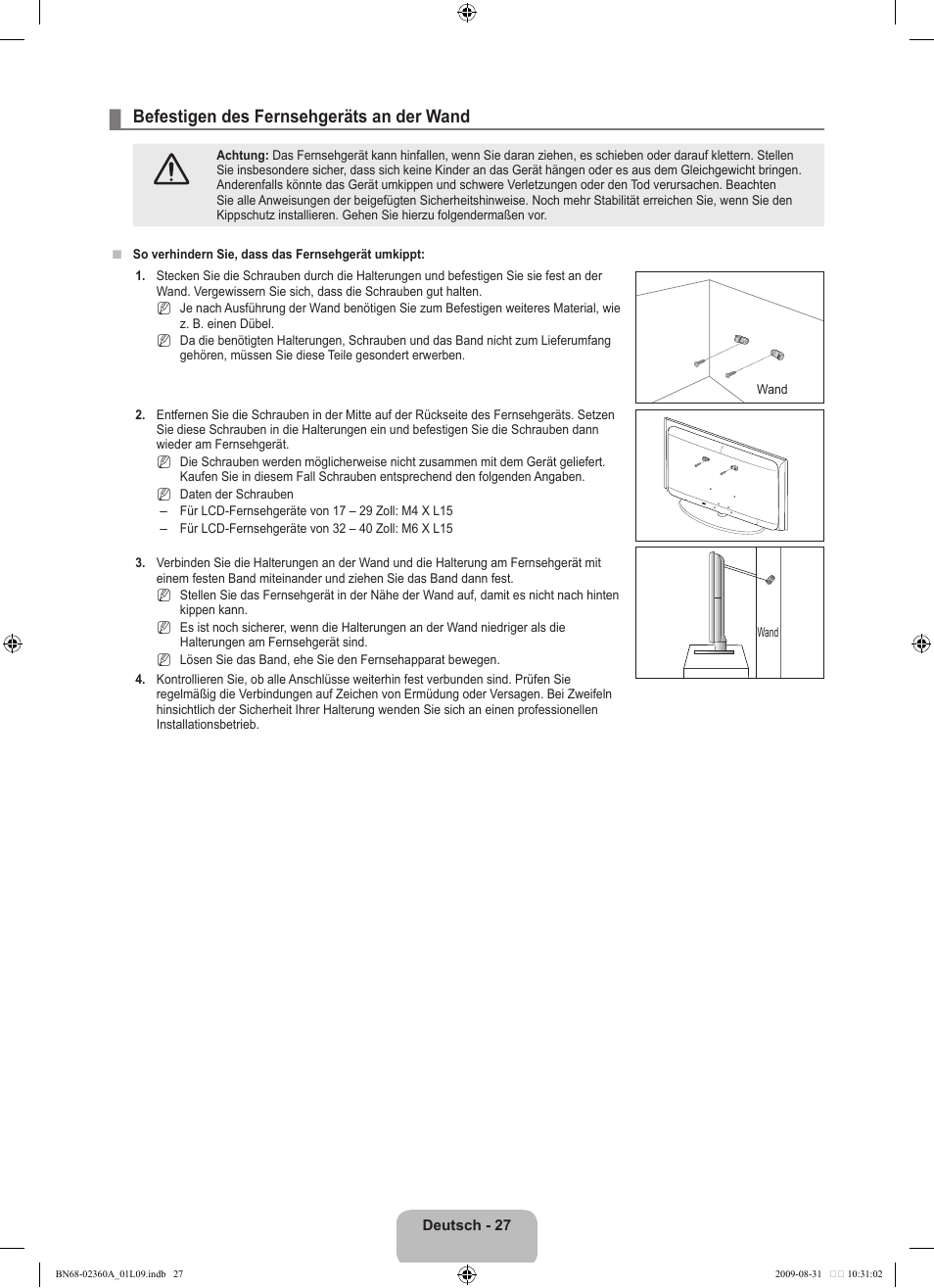 Befestigen des fernsehgeräts an der wand | Samsung LE32B450C4W User Manual | Page 93 / 300