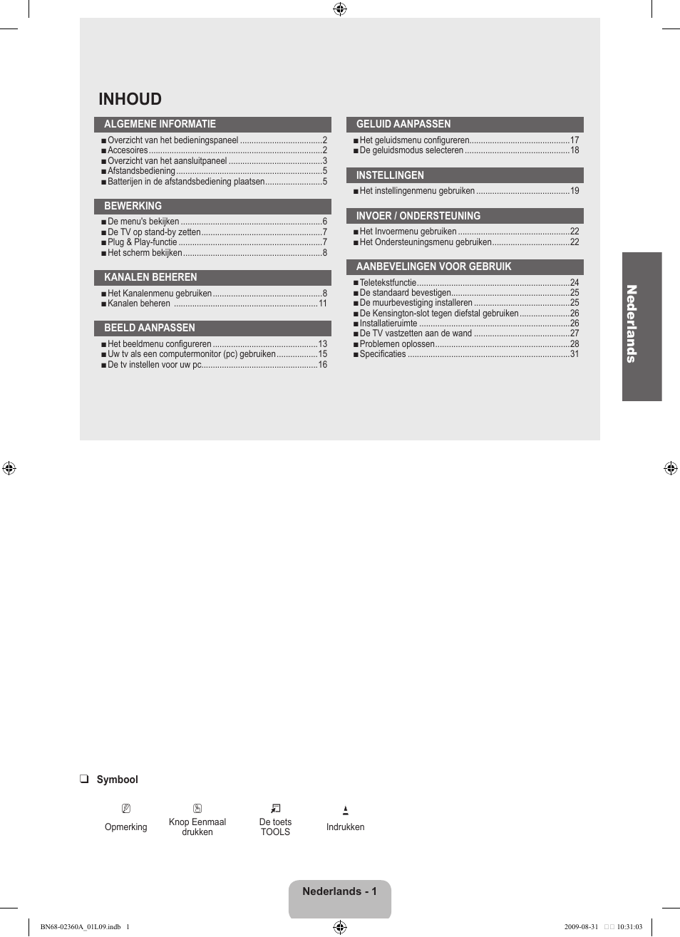 Inhoud, Neder lands | Samsung LE32B450C4W User Manual | Page 99 / 300