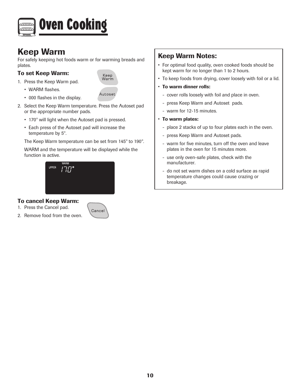 Oven cooking, Keep warm | Amana Wall Oven User Manual | Page 11 / 68