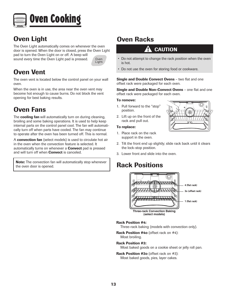 Oven cooking, Oven fans, Oven racks | Oven vent, Oven light, Rack positions, Caution | Amana Wall Oven User Manual | Page 14 / 68