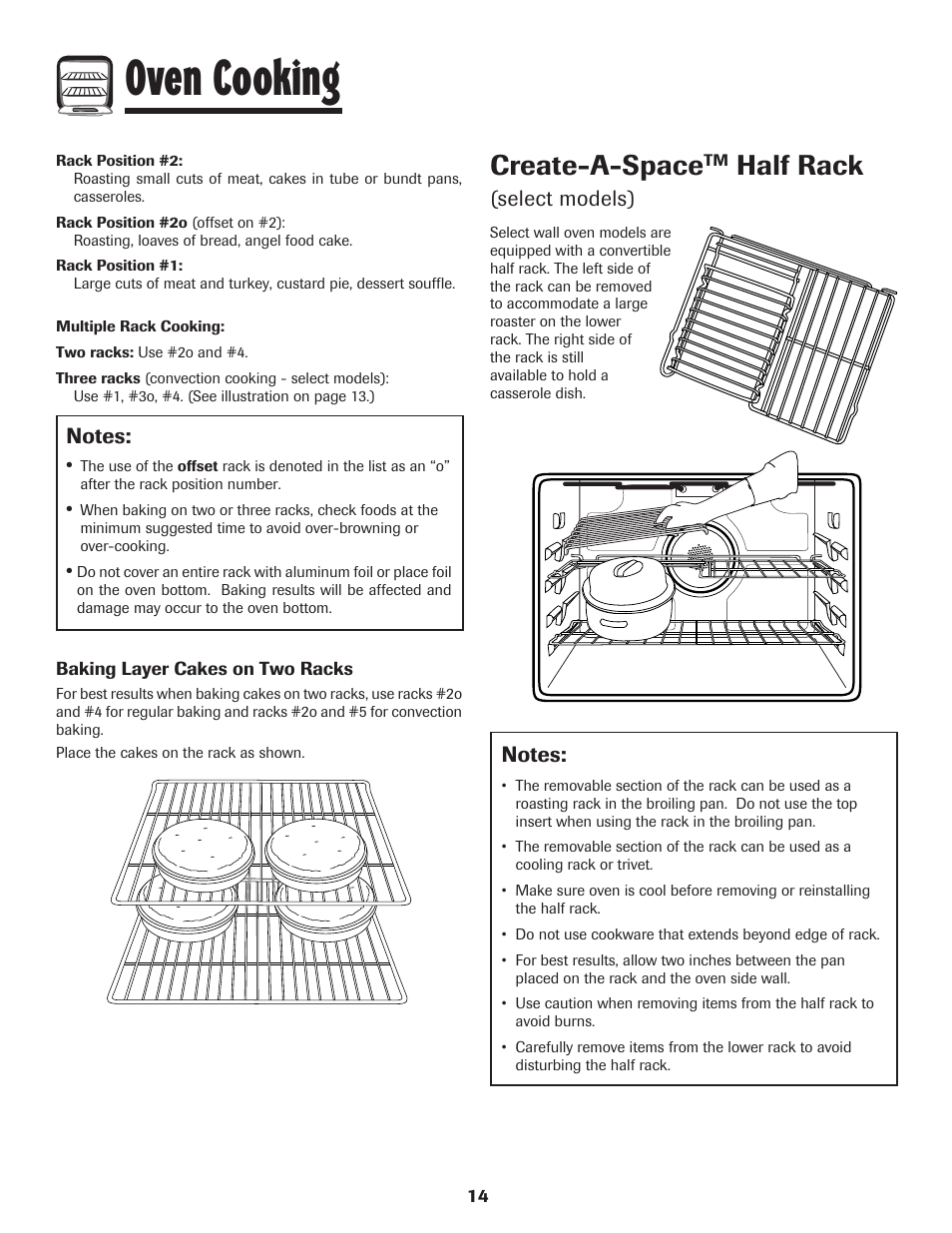 Oven cooking, Create-a-space, Half rack | Select models) | Amana Wall Oven User Manual | Page 15 / 68