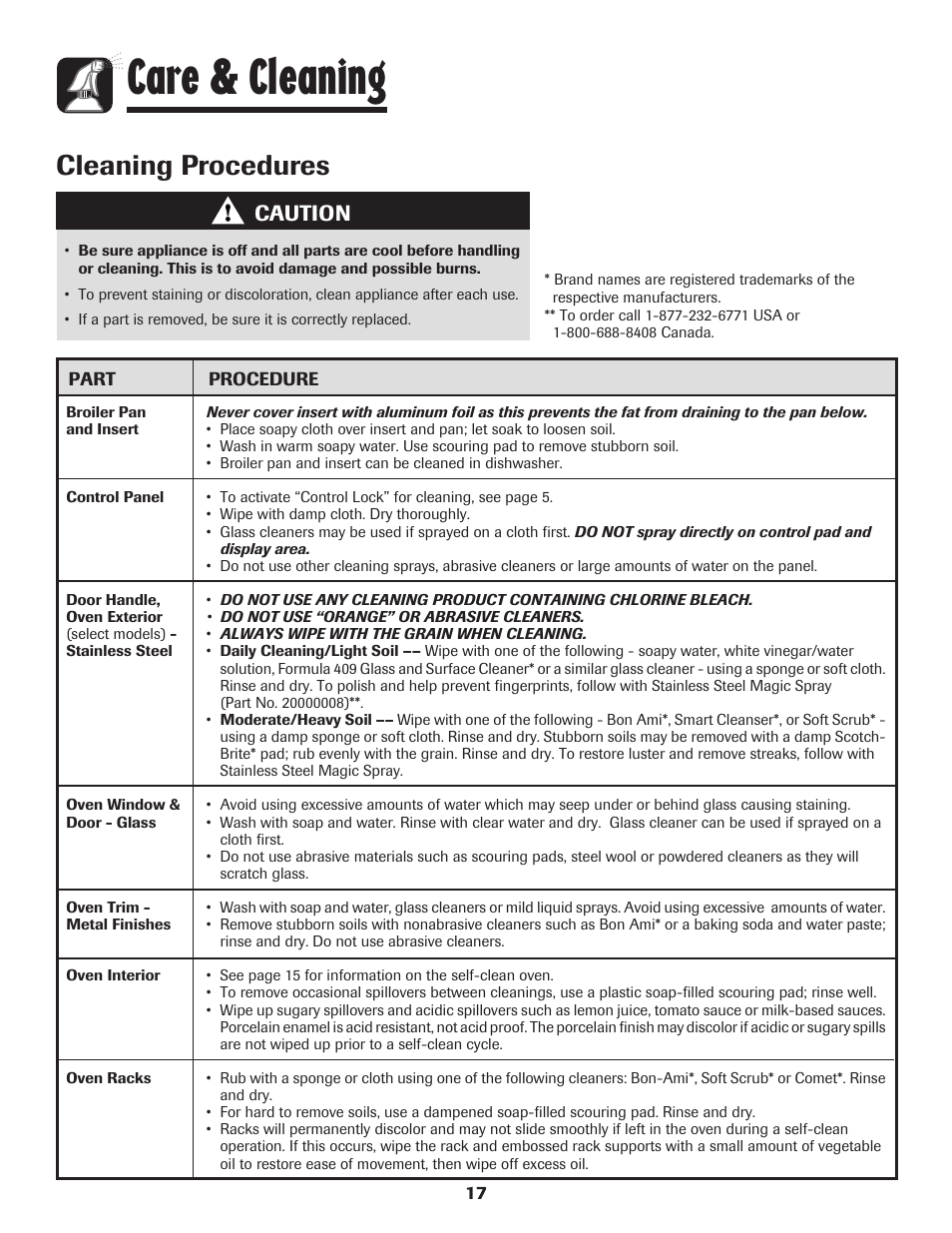 Care & cleaning, Cleaning procedures, Caution | Amana Wall Oven User Manual | Page 18 / 68