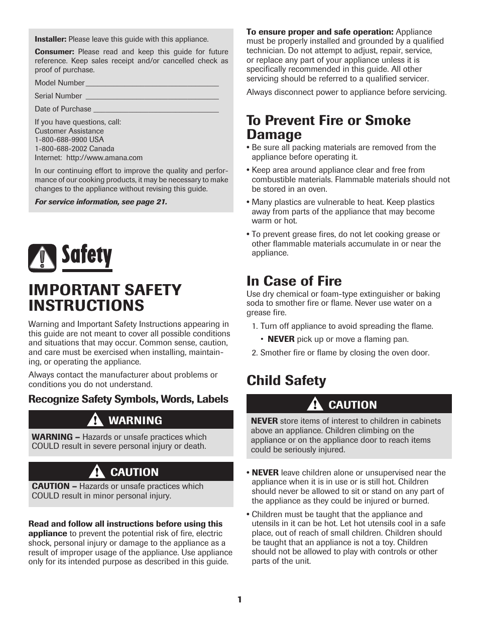 Safety, Important safety instructions, Child safety | Amana Wall Oven User Manual | Page 2 / 68