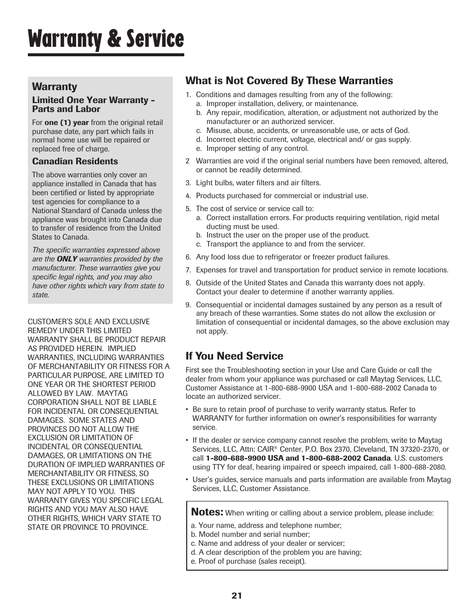 Warranty & service, Warranty, What is not covered by these warranties | If you need service | Amana Wall Oven User Manual | Page 22 / 68