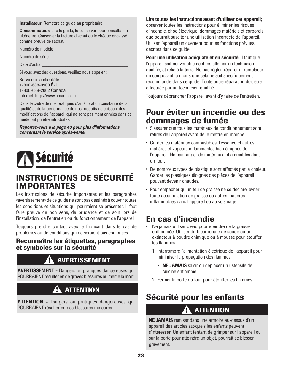 Sécurité, Instructions de sécurité importantes, Pour éviter un incendie ou des dommages de fumée | En cas d’incendie, Sécurité pour les enfants | Amana Wall Oven User Manual | Page 24 / 68