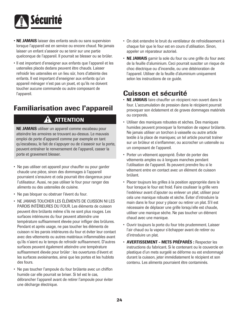 Sécurité, Familiarisation avec l’appareil, Cuisson et sécurité | Amana Wall Oven User Manual | Page 25 / 68