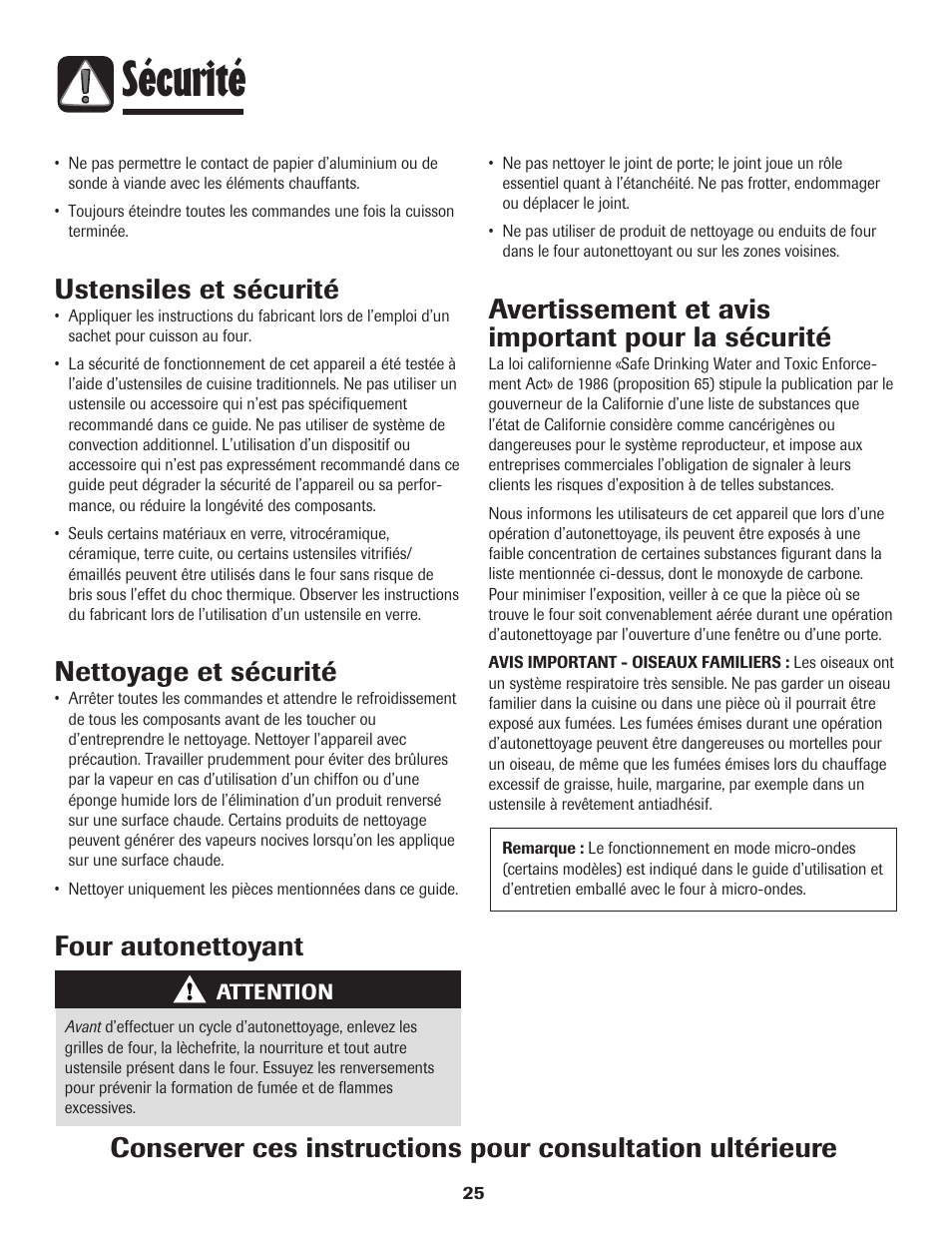 Sécurité, Ustensiles et sécurité, Nettoyage et sécurité | Four autonettoyant, Avertissement et avis important pour la sécurité | Amana Wall Oven User Manual | Page 26 / 68