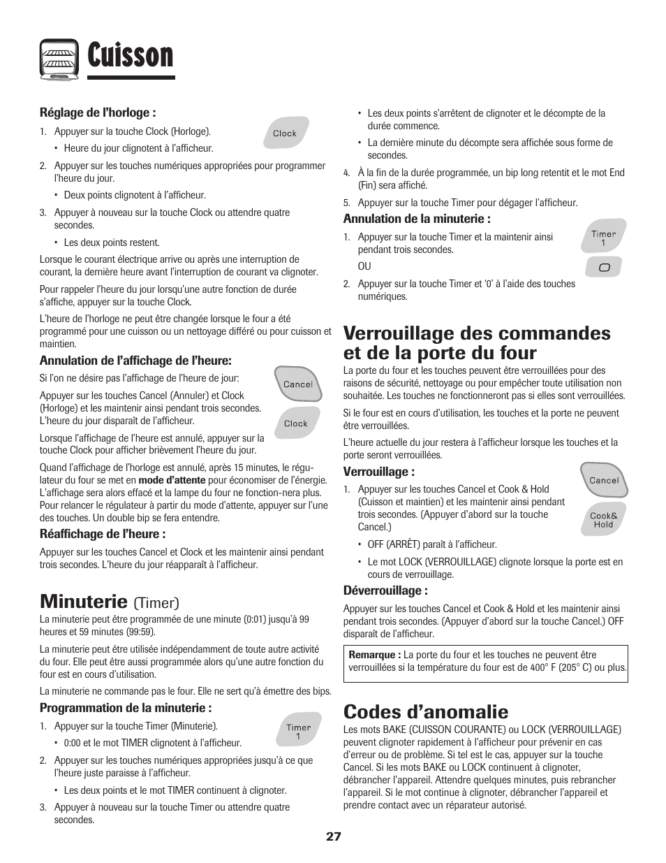 Cuisson, Minuterie, Verrouillage des commandes et de la porte du four | Codes d’anomalie, Timer) | Amana Wall Oven User Manual | Page 28 / 68