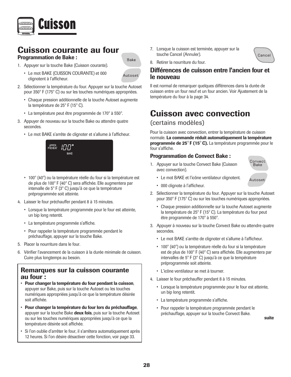 Cuisson, Cuisson courante au four, Cuisson avec convection | Remarques sur la cuisson courante au four, Certains modèles) | Amana Wall Oven User Manual | Page 29 / 68
