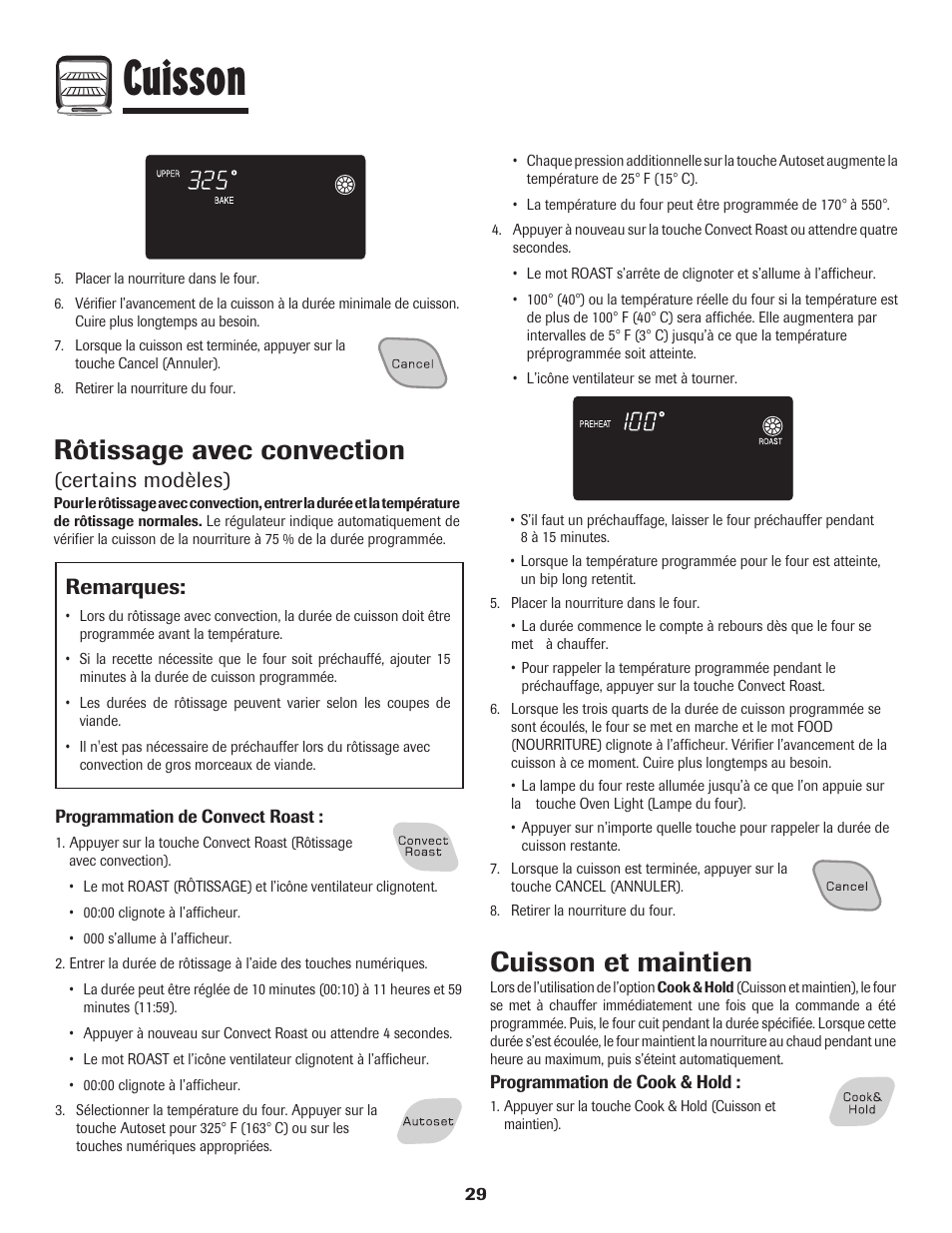 Cuisson, Rôtissage avec convection, Cuisson et maintien | Certains modèles), Remarques | Amana Wall Oven User Manual | Page 30 / 68