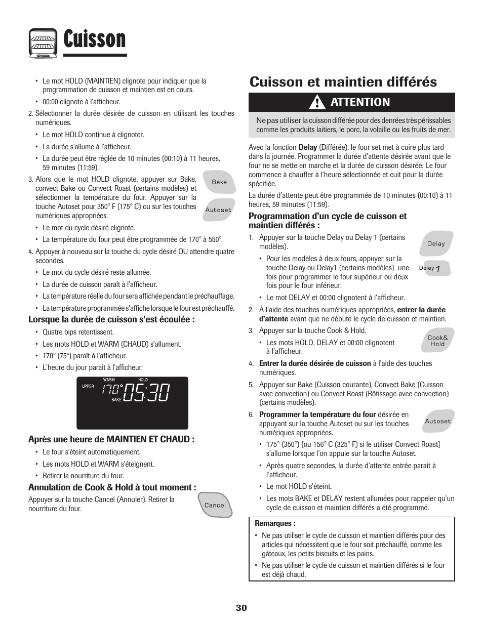 Cuisson, Cuisson et maintien différés, Attention | Amana Wall Oven User Manual | Page 31 / 68