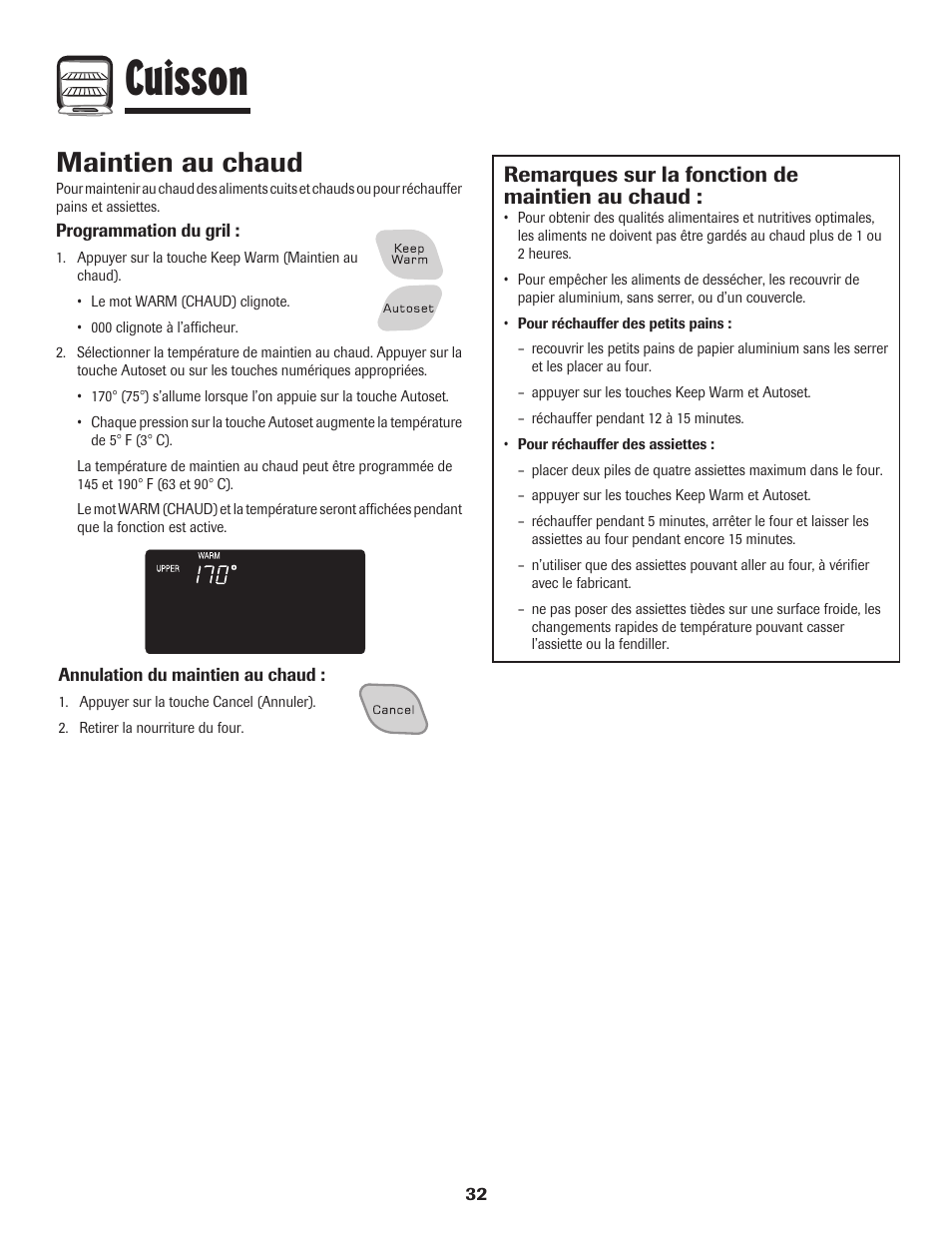 Cuisson, Maintien au chaud, Remarques sur la fonction de maintien au chaud | Amana Wall Oven User Manual | Page 33 / 68