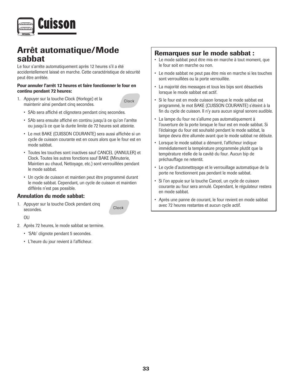 Cuisson, Arrêt automatique/mode sabbat, Remarques sur le mode sabbat | Amana Wall Oven User Manual | Page 34 / 68