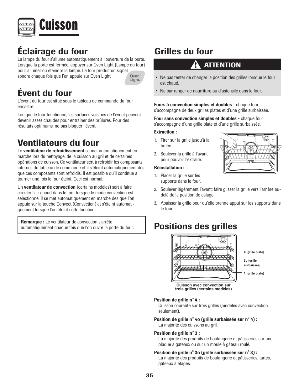 Cuisson, Grilles du four, Éclairage du four | Évent du four, Ventilateurs du four, Positions des grilles, Attention | Amana Wall Oven User Manual | Page 36 / 68