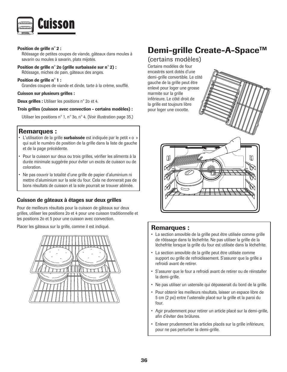 Cuisson, Demi-grille create-a-space, Remarques | Certains modèles) | Amana Wall Oven User Manual | Page 37 / 68