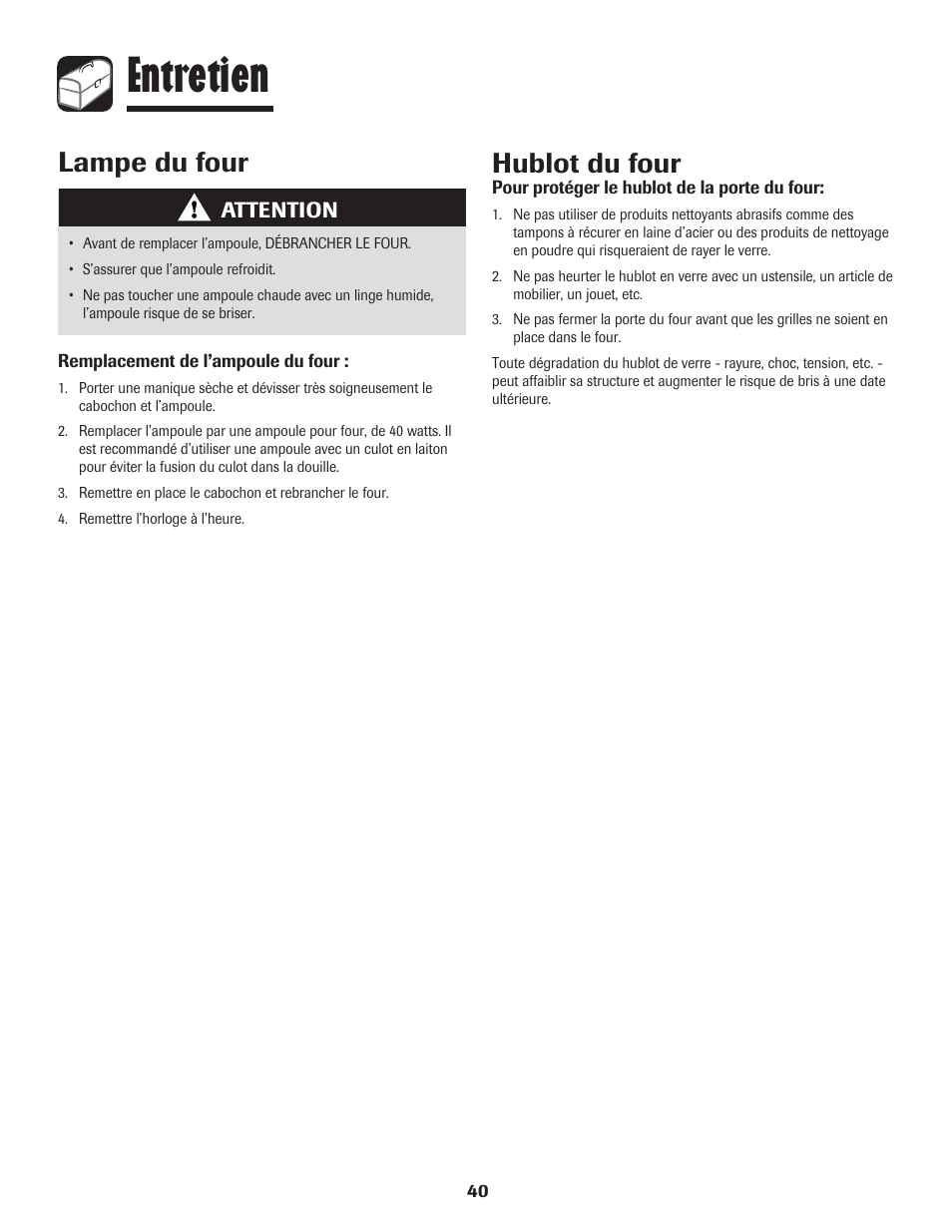 Entretien, Hublot du four, Lampe du four | Amana Wall Oven User Manual | Page 41 / 68