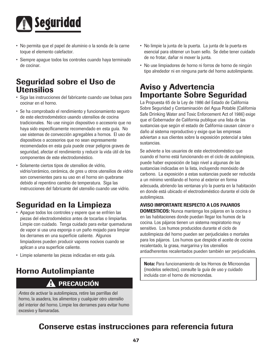 Seguridad, Seguridad sobre el uso de utensilios, Seguridad en la limpieza | Horno autolimpiante, Aviso y advertencia importante sobre seguridad | Amana Wall Oven User Manual | Page 48 / 68