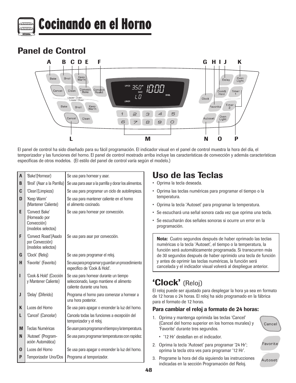Cocinando en el horno, Panel de control, Clock | Uso de las teclas, Reloj) | Amana Wall Oven User Manual | Page 49 / 68