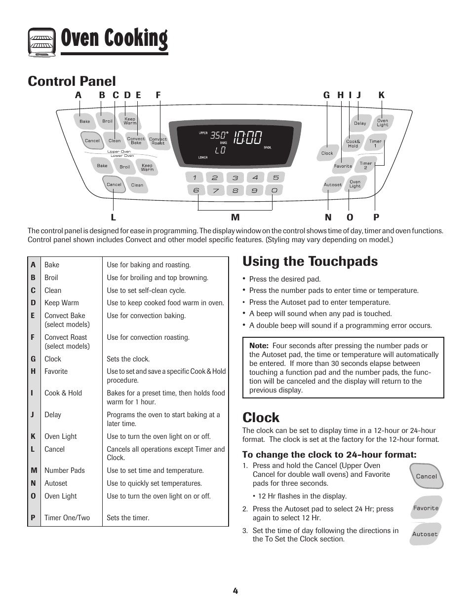 Oven cooking, Control panel, Using the touchpads | Clock | Amana Wall Oven User Manual | Page 5 / 68