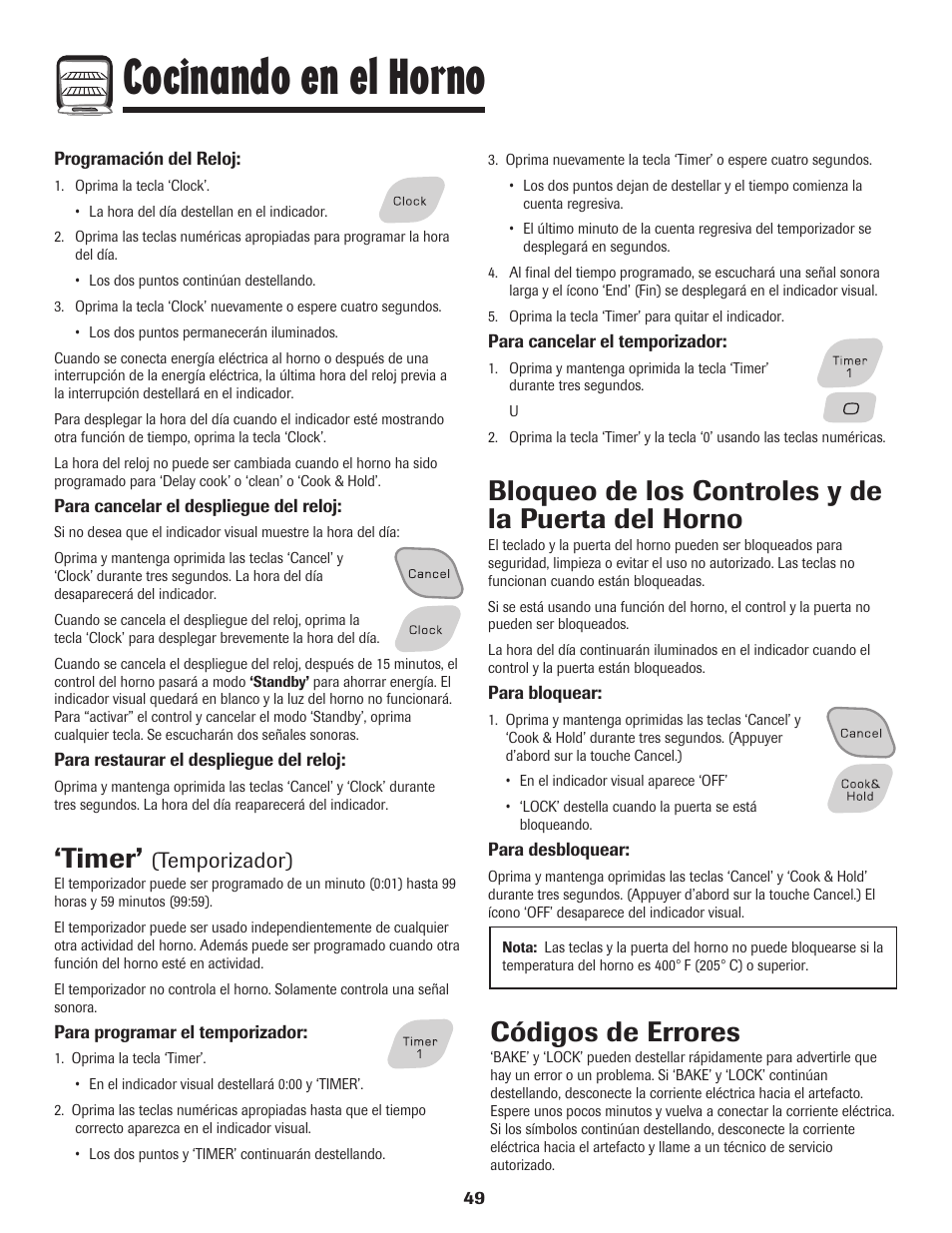 Cocinando en el horno, Timer, Bloqueo de los controles y de la puerta del horno | Códigos de errores, Temporizador) | Amana Wall Oven User Manual | Page 50 / 68