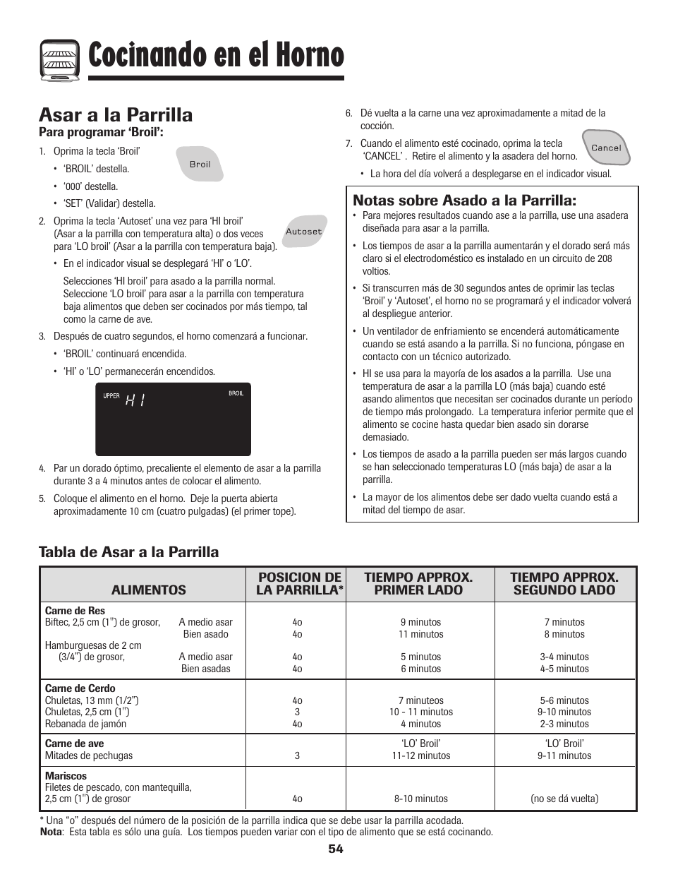 Cocinando en el horno, Asar a la parrilla, Tabla de asar a la parrilla | Notas sobre asado a la parrilla | Amana Wall Oven User Manual | Page 55 / 68