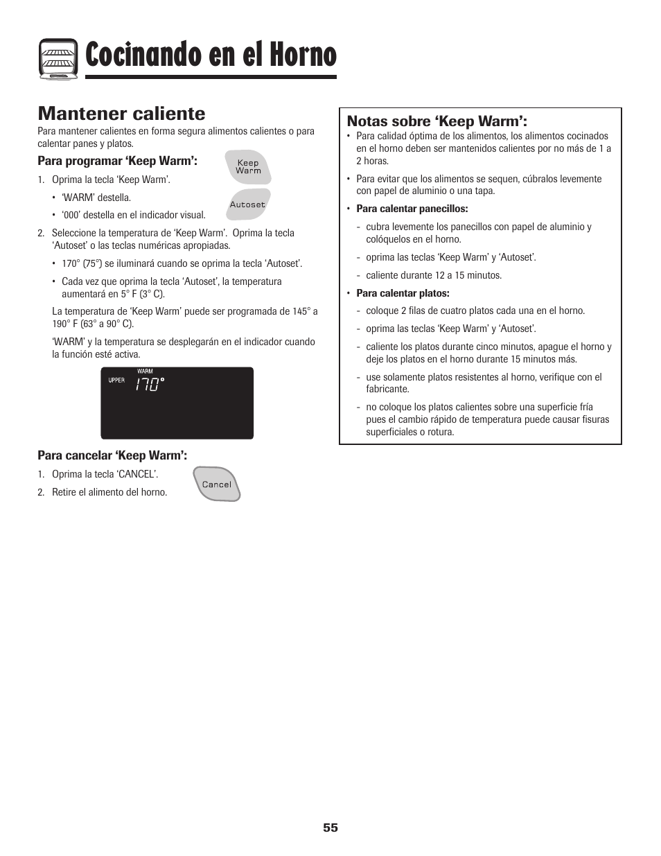 Cocinando en el horno, Mantener caliente, Notas sobre ‘keep warm | Amana Wall Oven User Manual | Page 56 / 68