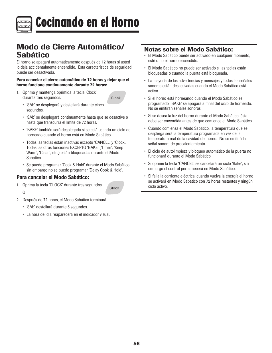 Cocinando en el horno, Modo de cierre automático/ sabático, Notas sobre el modo sabático | Amana Wall Oven User Manual | Page 57 / 68