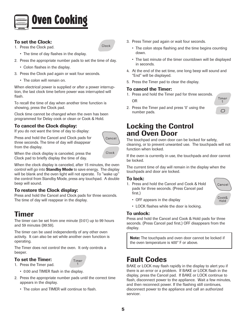 Oven cooking, Timer, Locking the control and oven door | Fault codes | Amana Wall Oven User Manual | Page 6 / 68