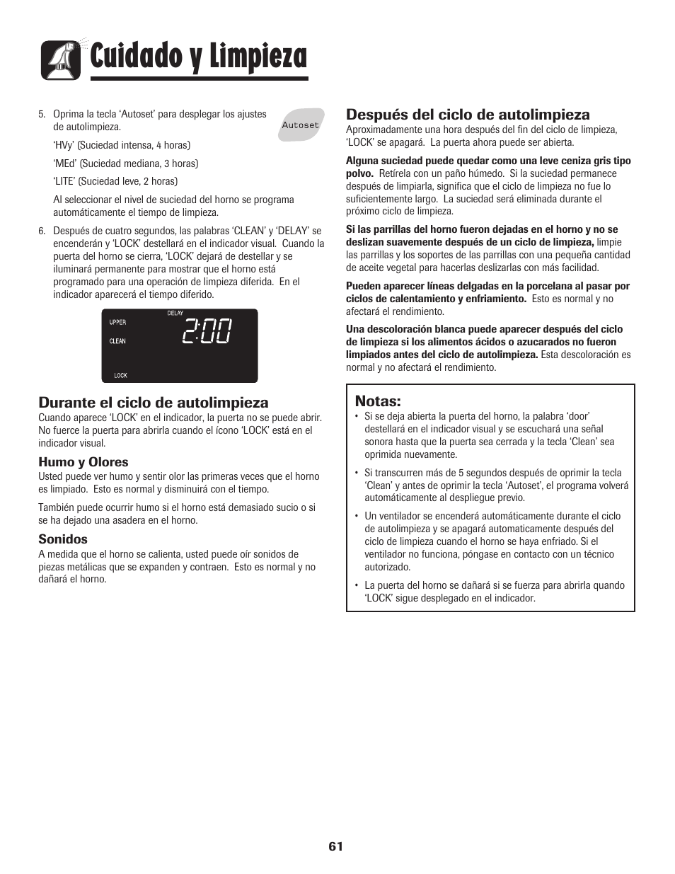 Cuidado y limpieza, Después del ciclo de autolimpieza, Durante el ciclo de autolimpieza | Notas | Amana Wall Oven User Manual | Page 62 / 68