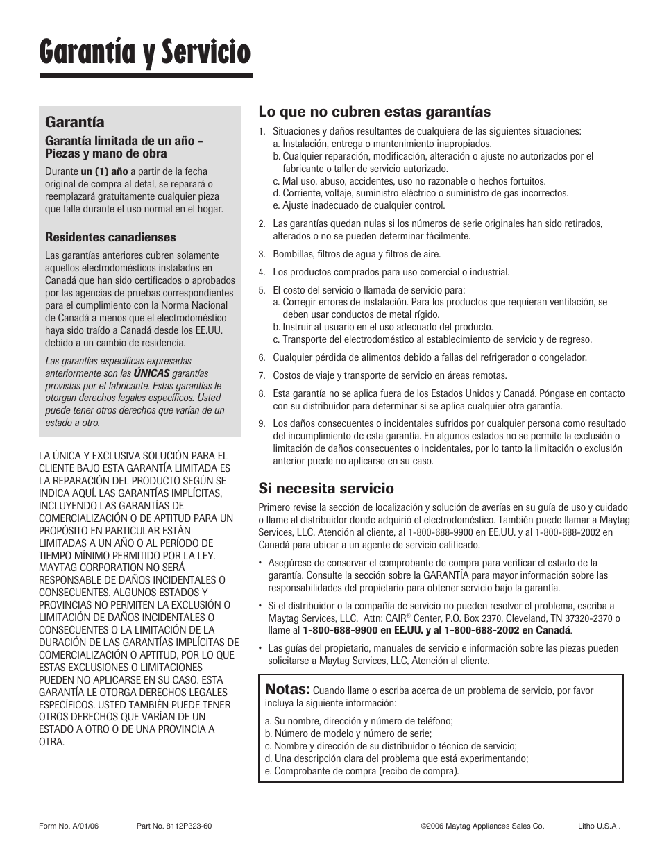 Garantía y servicio, Garantía, Lo que no cubren estas garantías | Si necesita servicio, Notas | Amana Wall Oven User Manual | Page 68 / 68