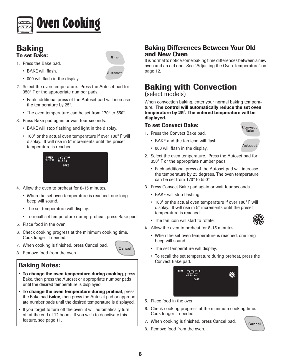 Oven cooking, Baking, Baking with convection | Baking differences between your old and new oven, Select models) | Amana Wall Oven User Manual | Page 7 / 68