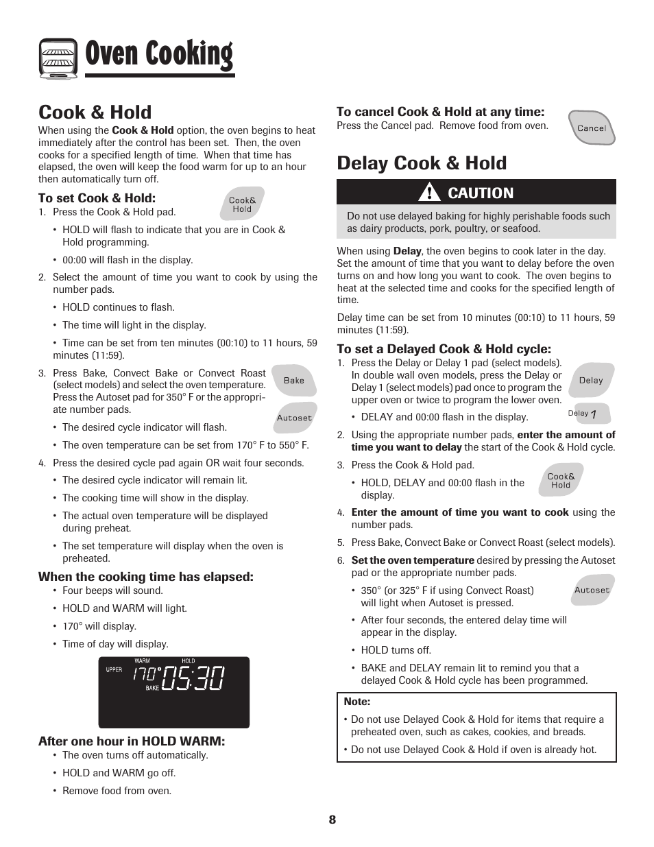 Oven cooking, Cook & hold, Delay cook & hold | Caution | Amana Wall Oven User Manual | Page 9 / 68