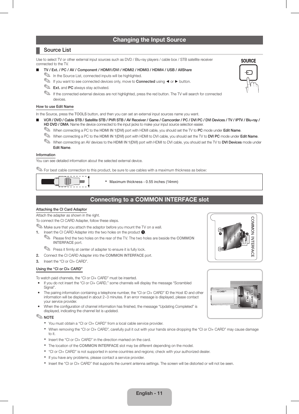 Changing the input source, Connecting to a common interface slot | Samsung UE40D5800VW User Manual | Page 11 / 74