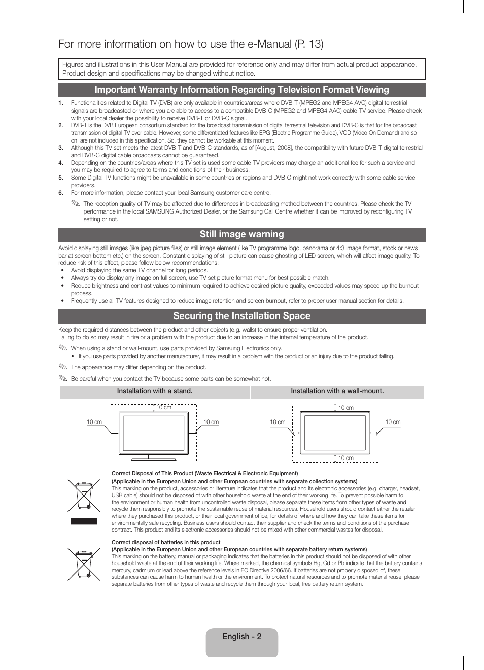 Still image warning, Securing the installation space | Samsung UE40D5800VW User Manual | Page 2 / 74