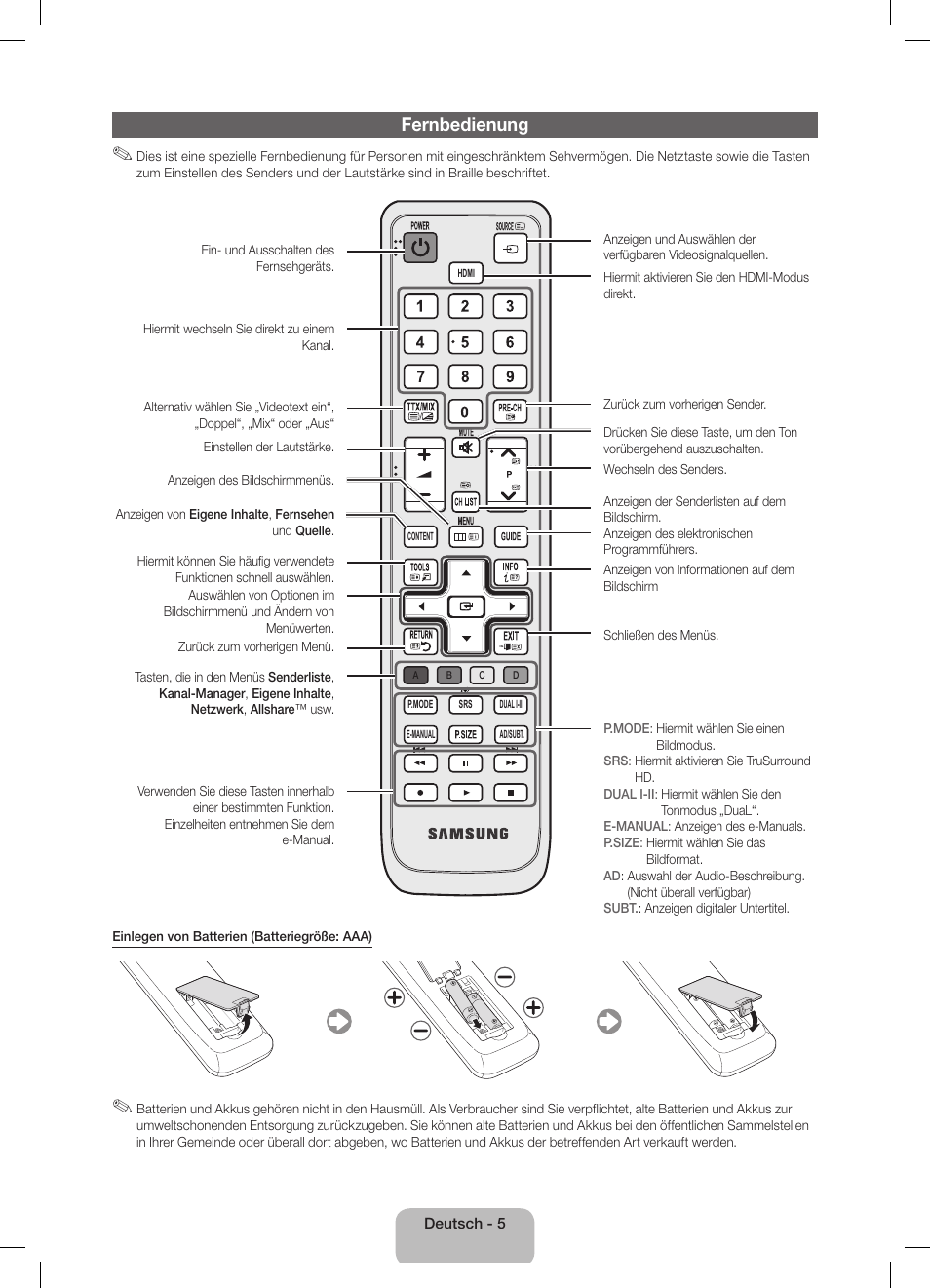 Fernbedienung | Samsung UE40D5800VW User Manual | Page 23 / 74