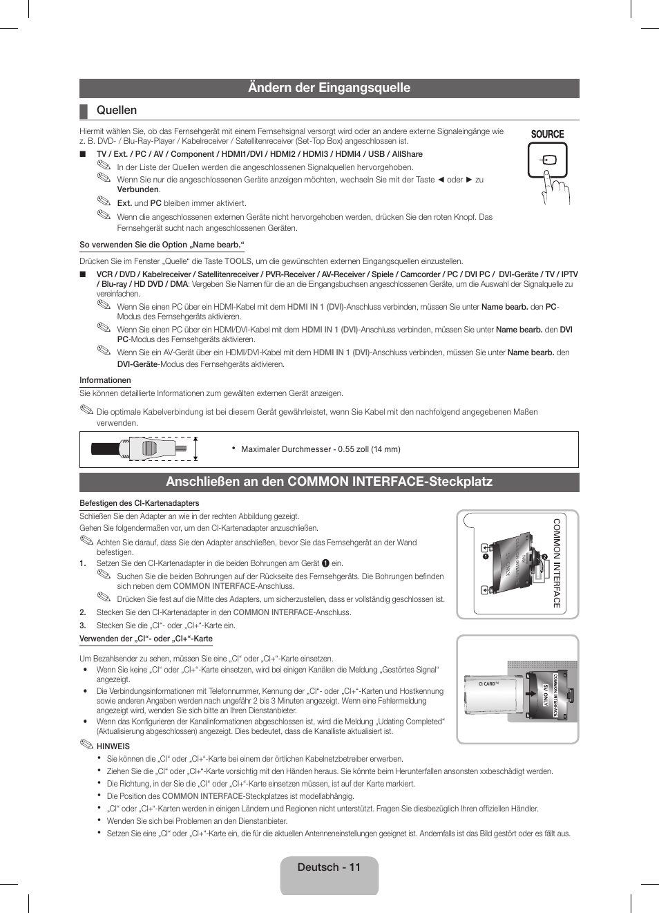 Ändern der eingangsquelle, Anschließen an den common interface-steckplatz | Samsung UE40D5800VW User Manual | Page 29 / 74