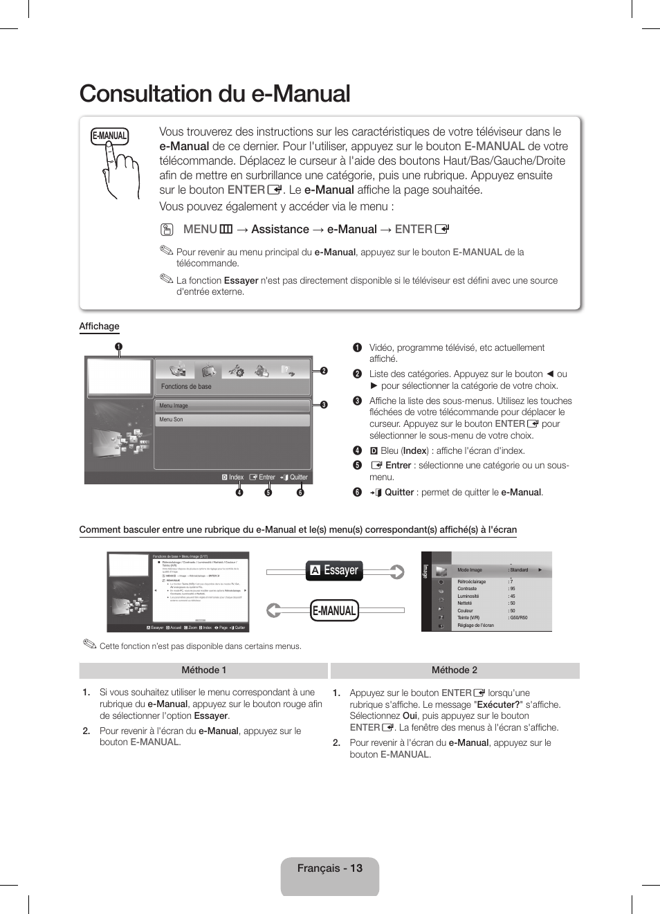 Consultation du e-manual, A essayer, E-manual | Menu m → assistance → e-manual → enter e | Samsung UE40D5800VW User Manual | Page 49 / 74