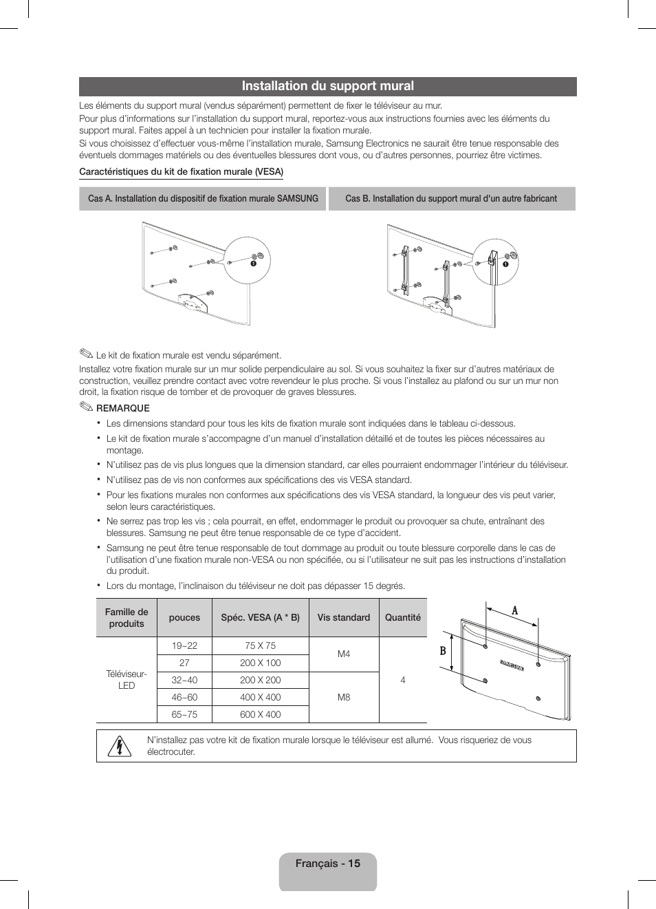 Installation du support mural | Samsung UE40D5800VW User Manual | Page 51 / 74