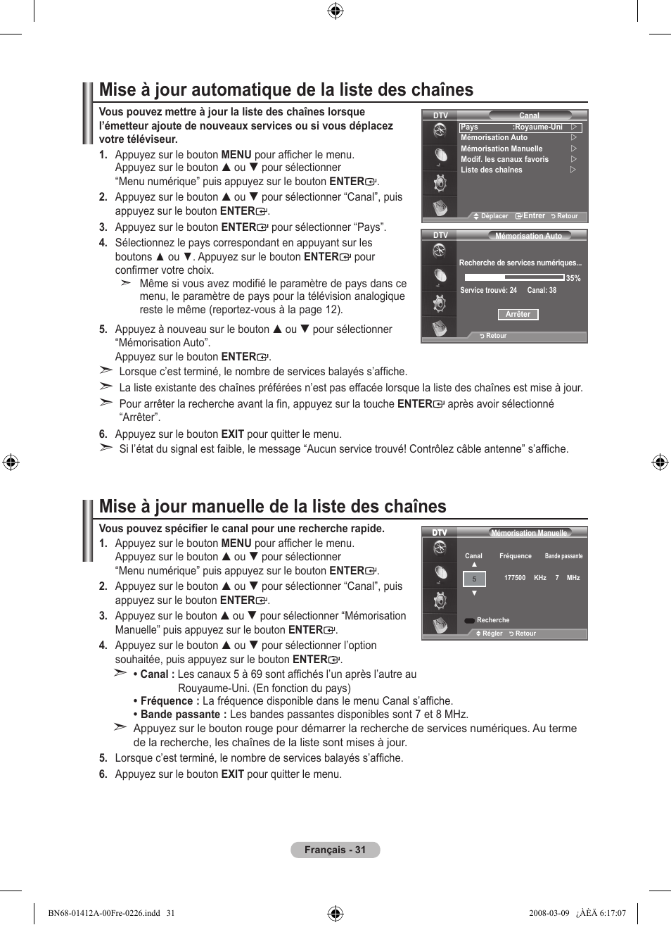 Mise à jour automatique de la liste des chaînes, Mise à jour manuelle de la liste des chaînes | Samsung LE37A656A1F User Manual | Page 101 / 546
