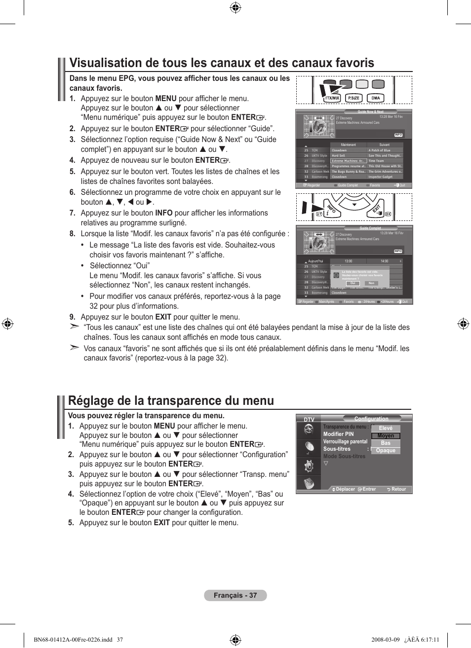 Réglage de la transparence du menu | Samsung LE37A656A1F User Manual | Page 107 / 546