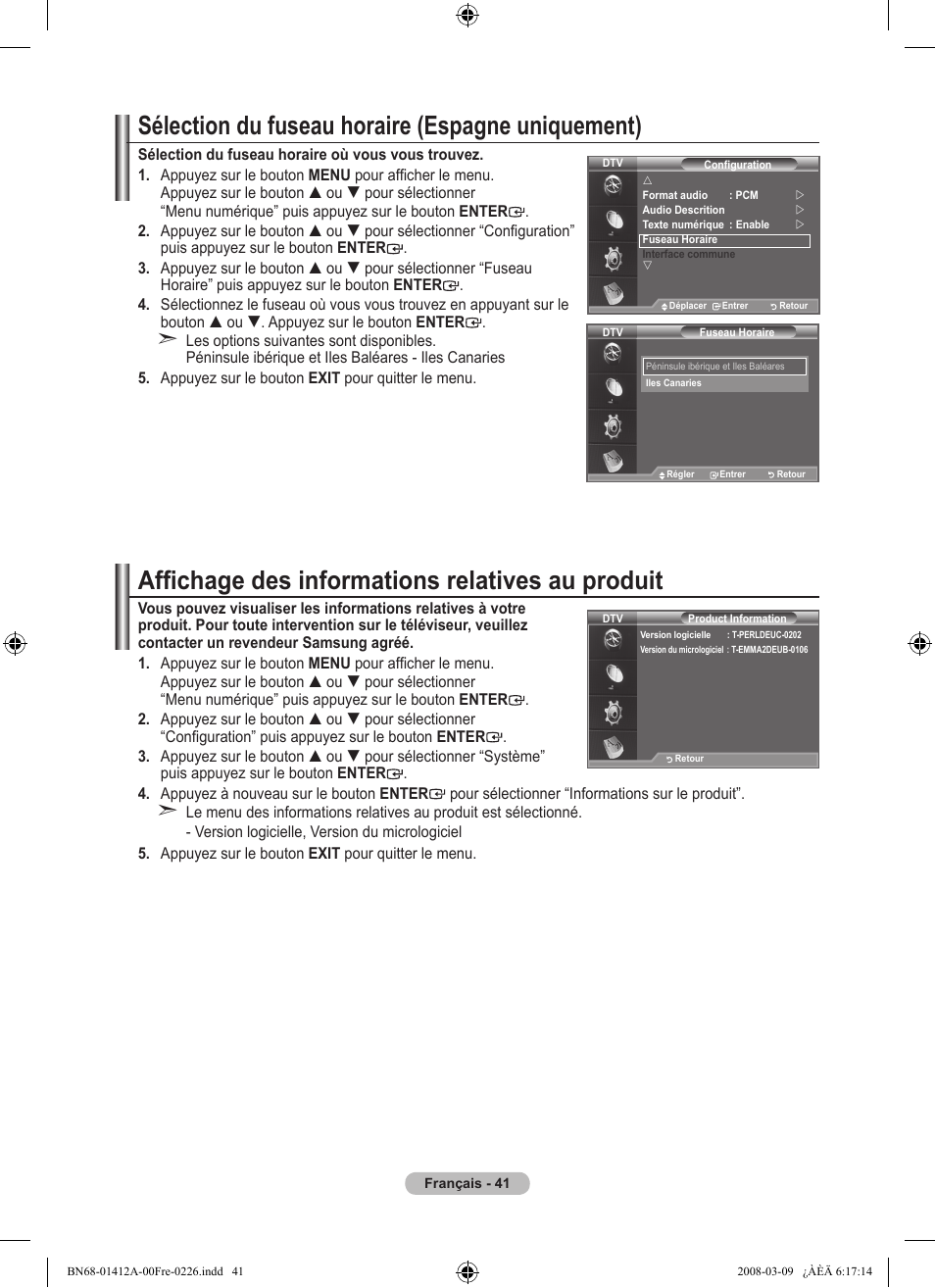 Sélection du fuseau horaire (espagne uniquement), Affichage des informations relatives au produit | Samsung LE37A656A1F User Manual | Page 111 / 546