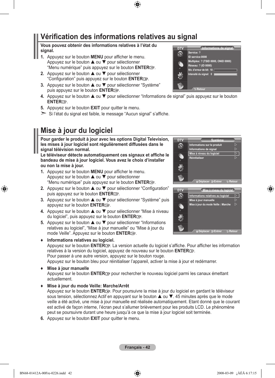 Vérification des informations relatives au signal, Mise à jour du logiciel | Samsung LE37A656A1F User Manual | Page 112 / 546