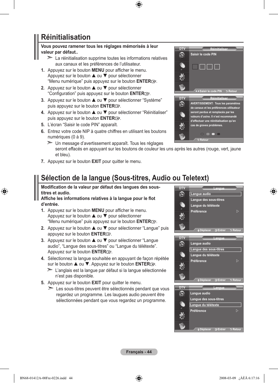 Réinitialisation | Samsung LE37A656A1F User Manual | Page 114 / 546