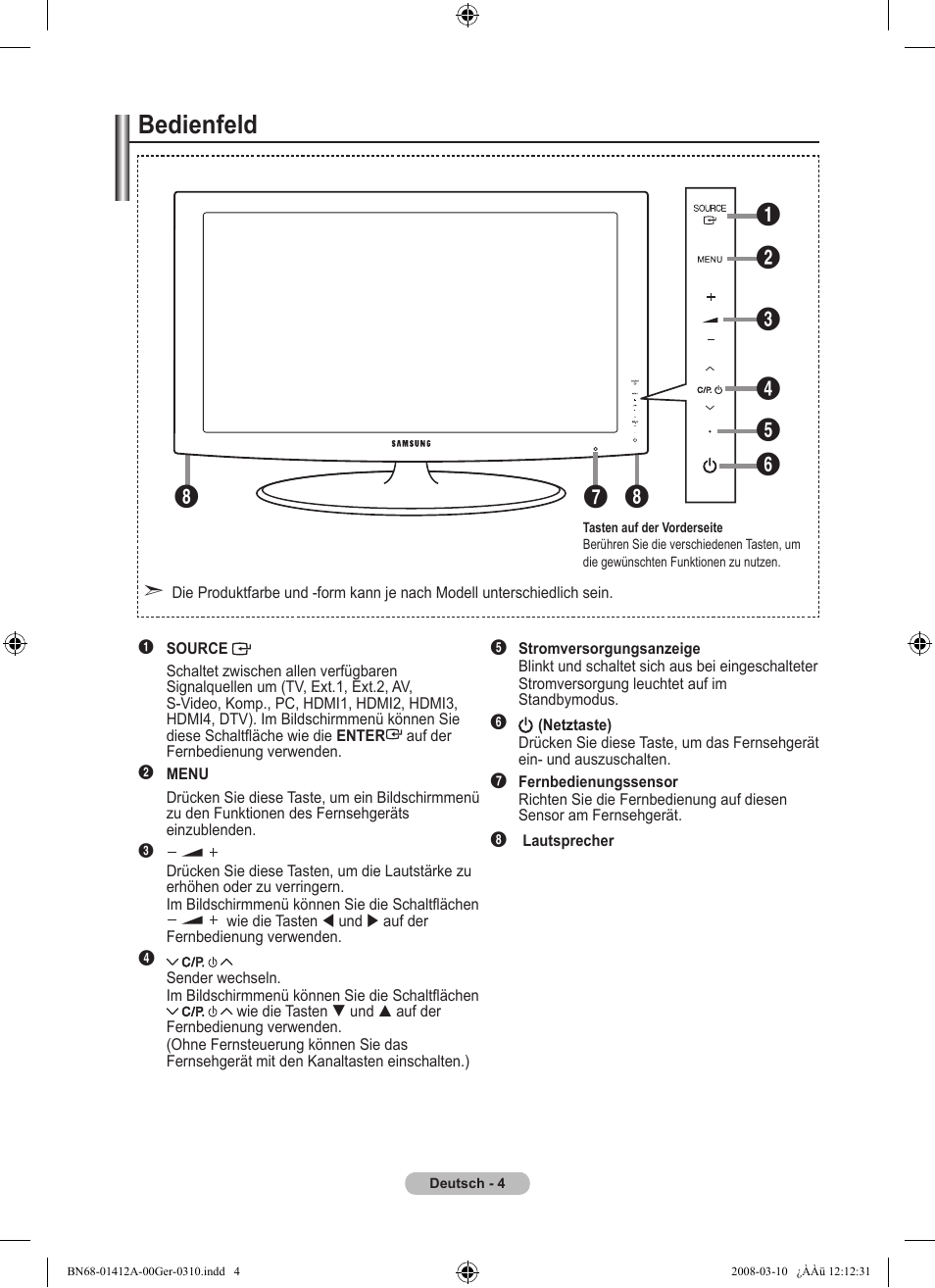 Bedienfeld | Samsung LE37A656A1F User Manual | Page 142 / 546